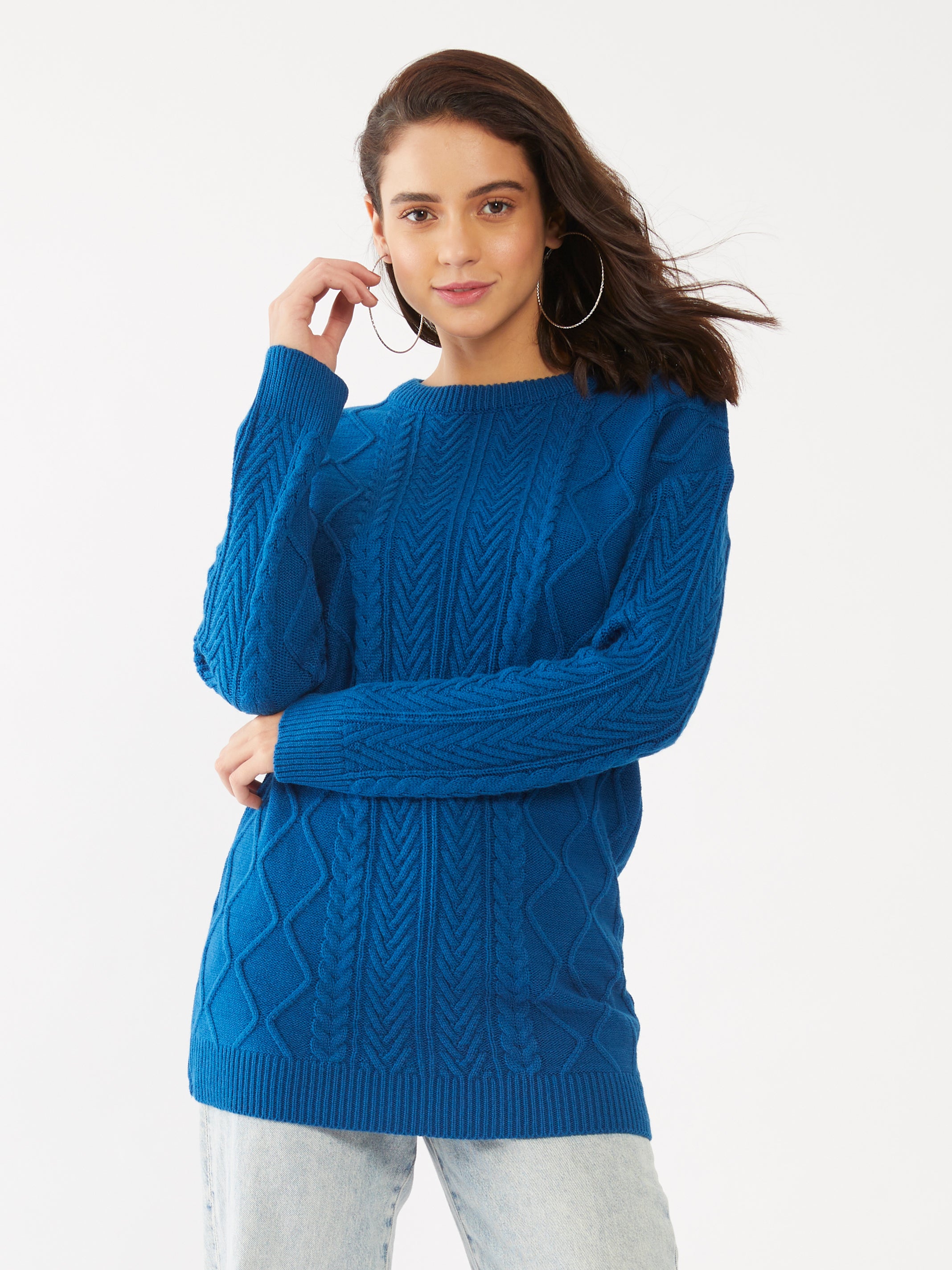 Blue Solid Oversized Sweater