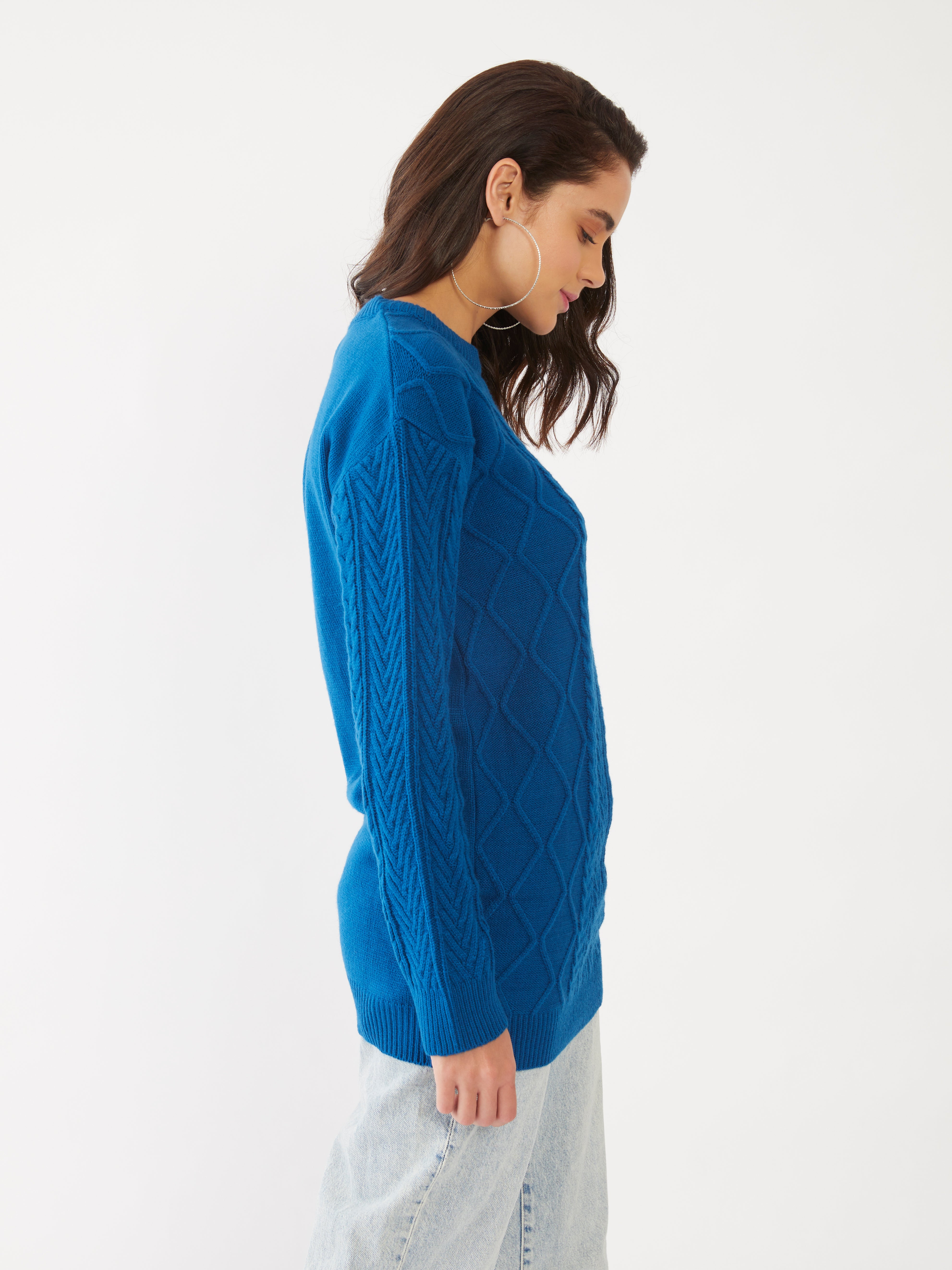 Blue Solid Oversized Sweater