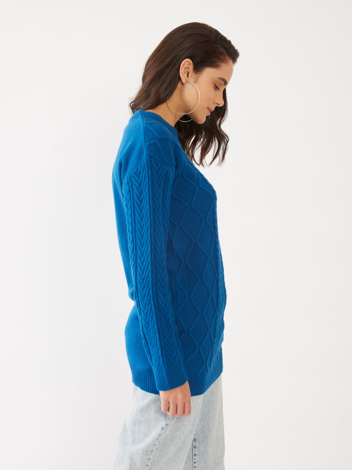 Blue Solid Oversized Sweater For Women