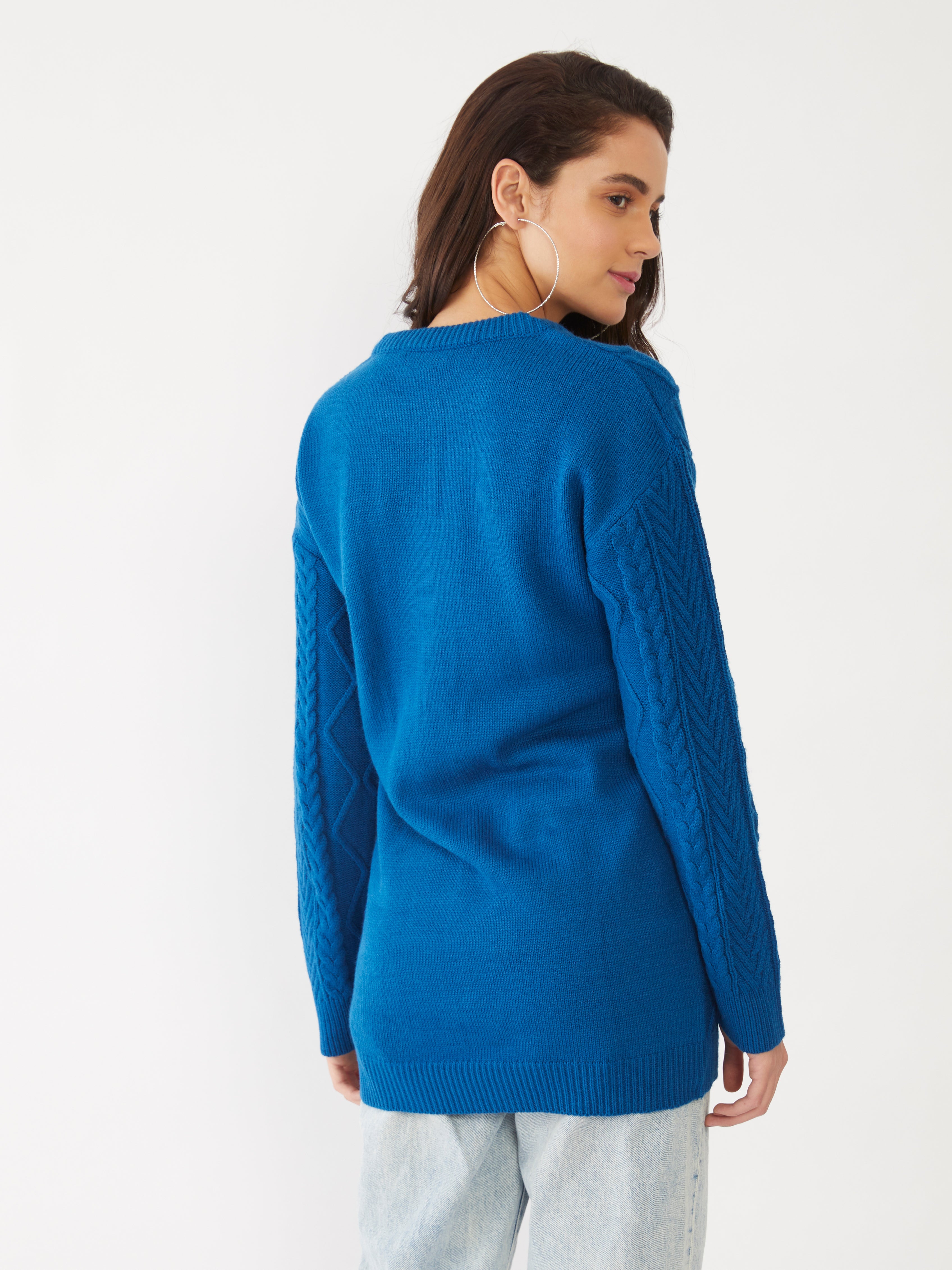 Blue Solid Oversized Sweater