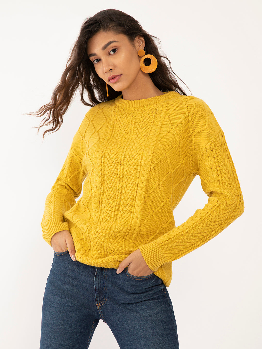 Yellow Solid Overszied Sweaters For Women