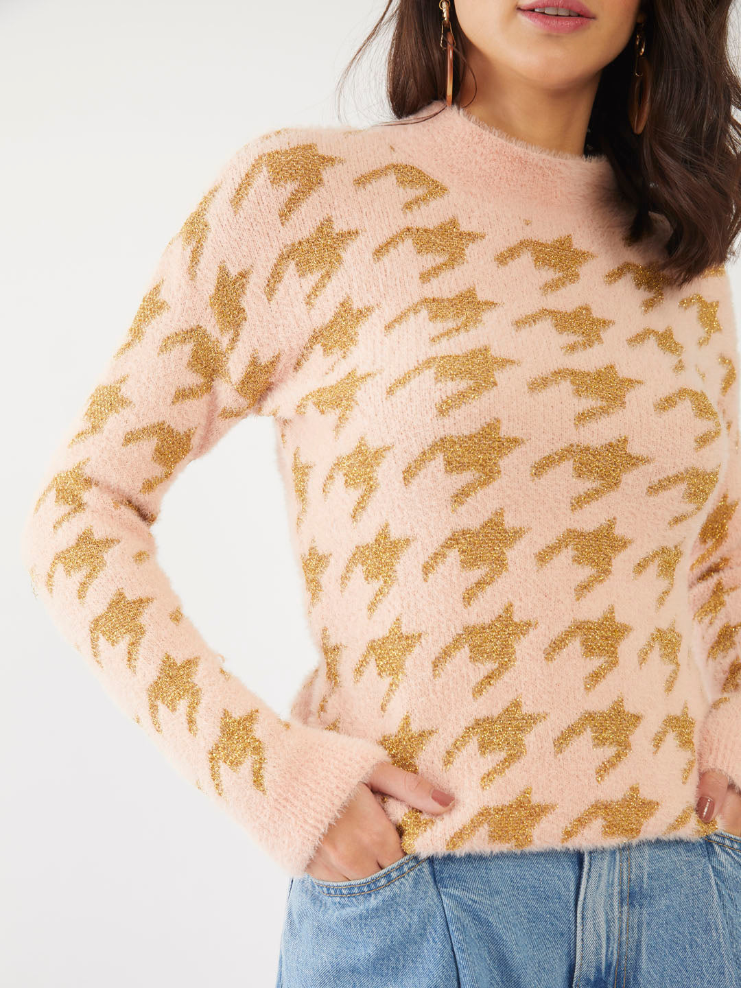Pink Jacquard Printed Sweater For Women