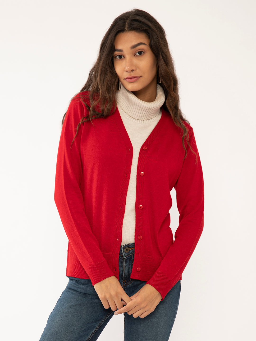 Red Solid Regular Cardigans