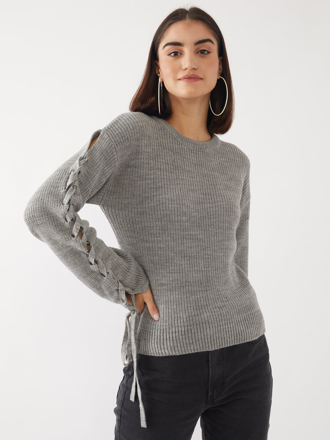 Grey Solid Tie-Up Sweater For Women