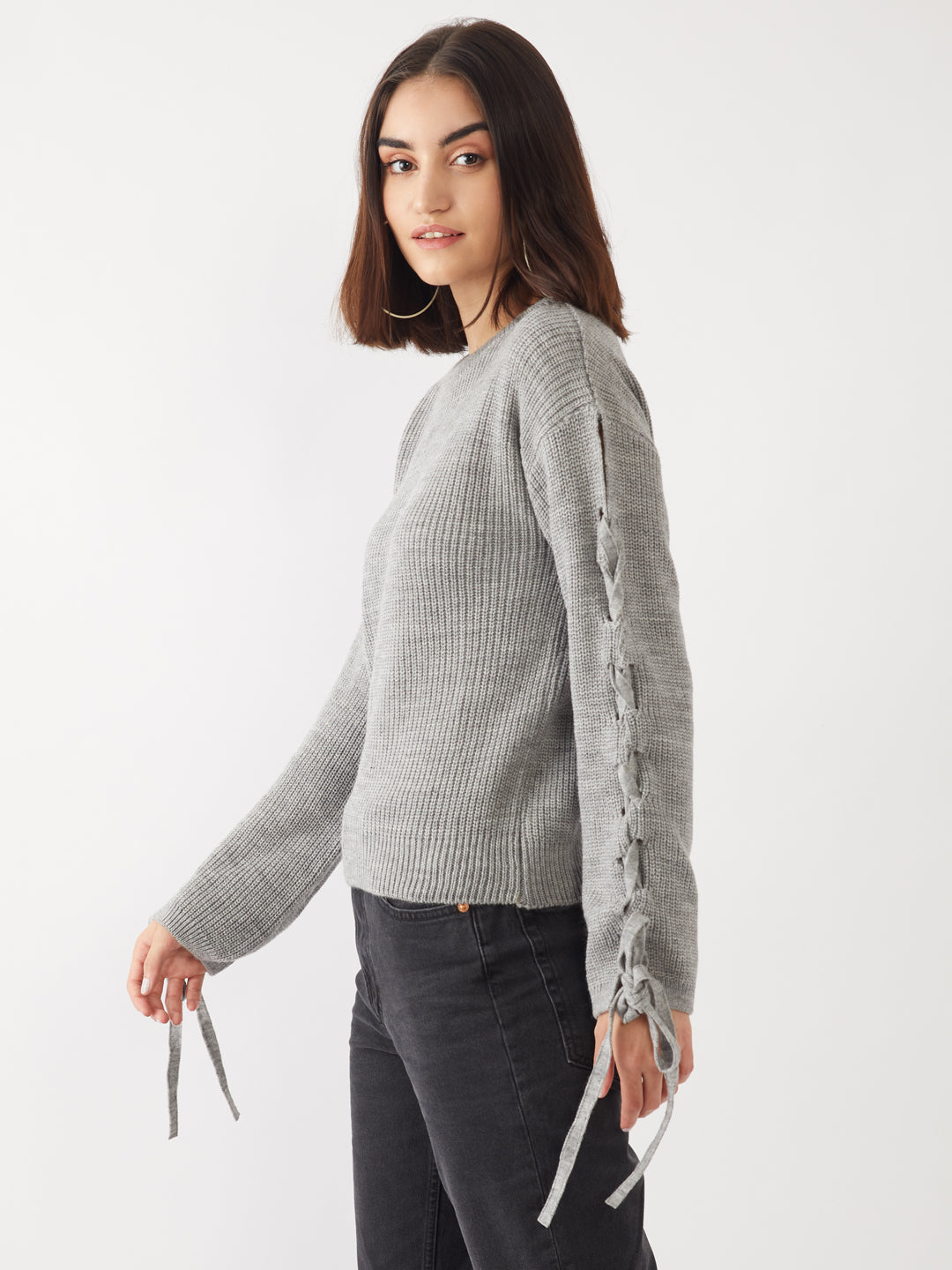 Grey Solid Tie-Up Sweater For Women