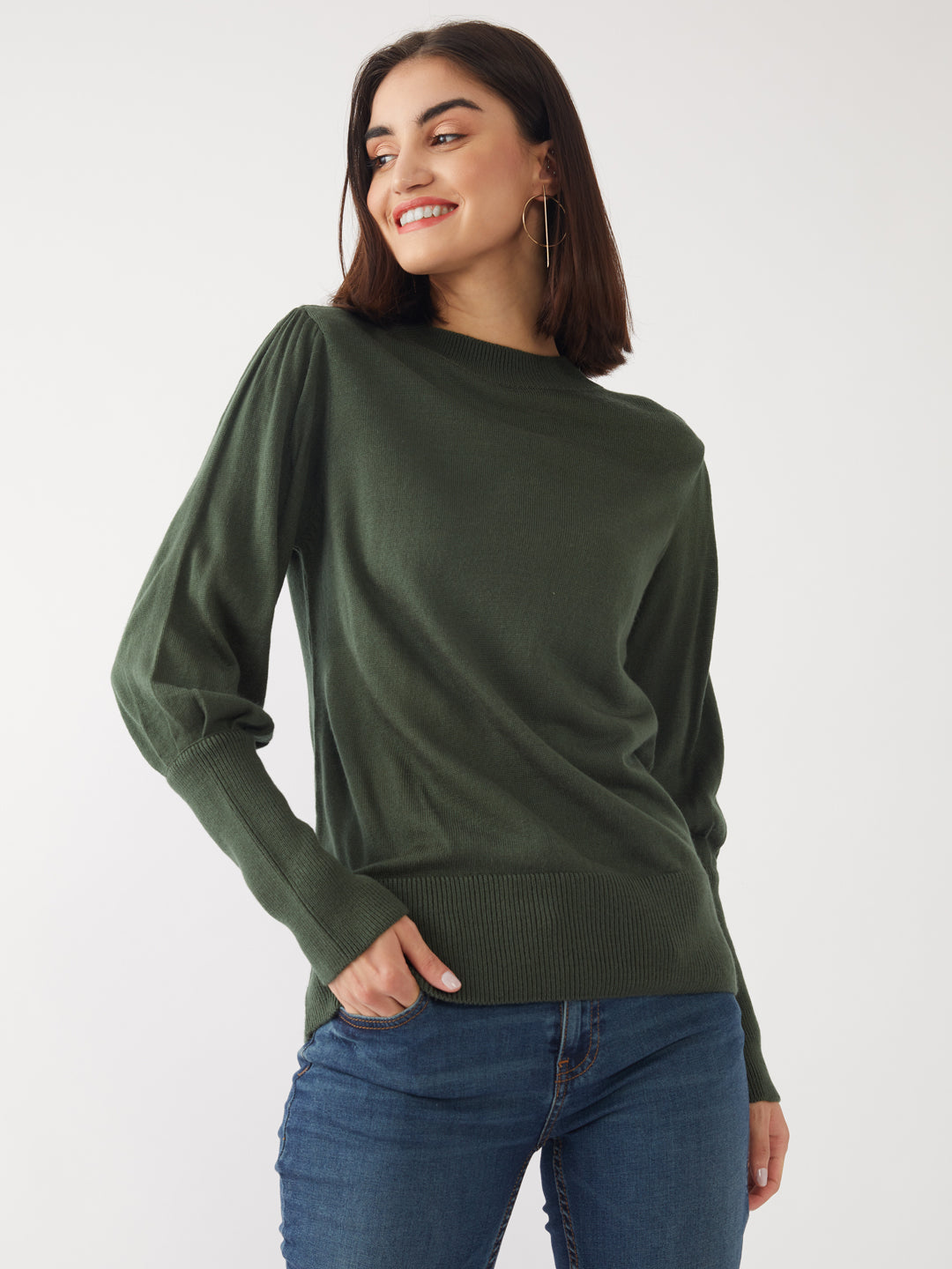 Green Solid Sweater For Women