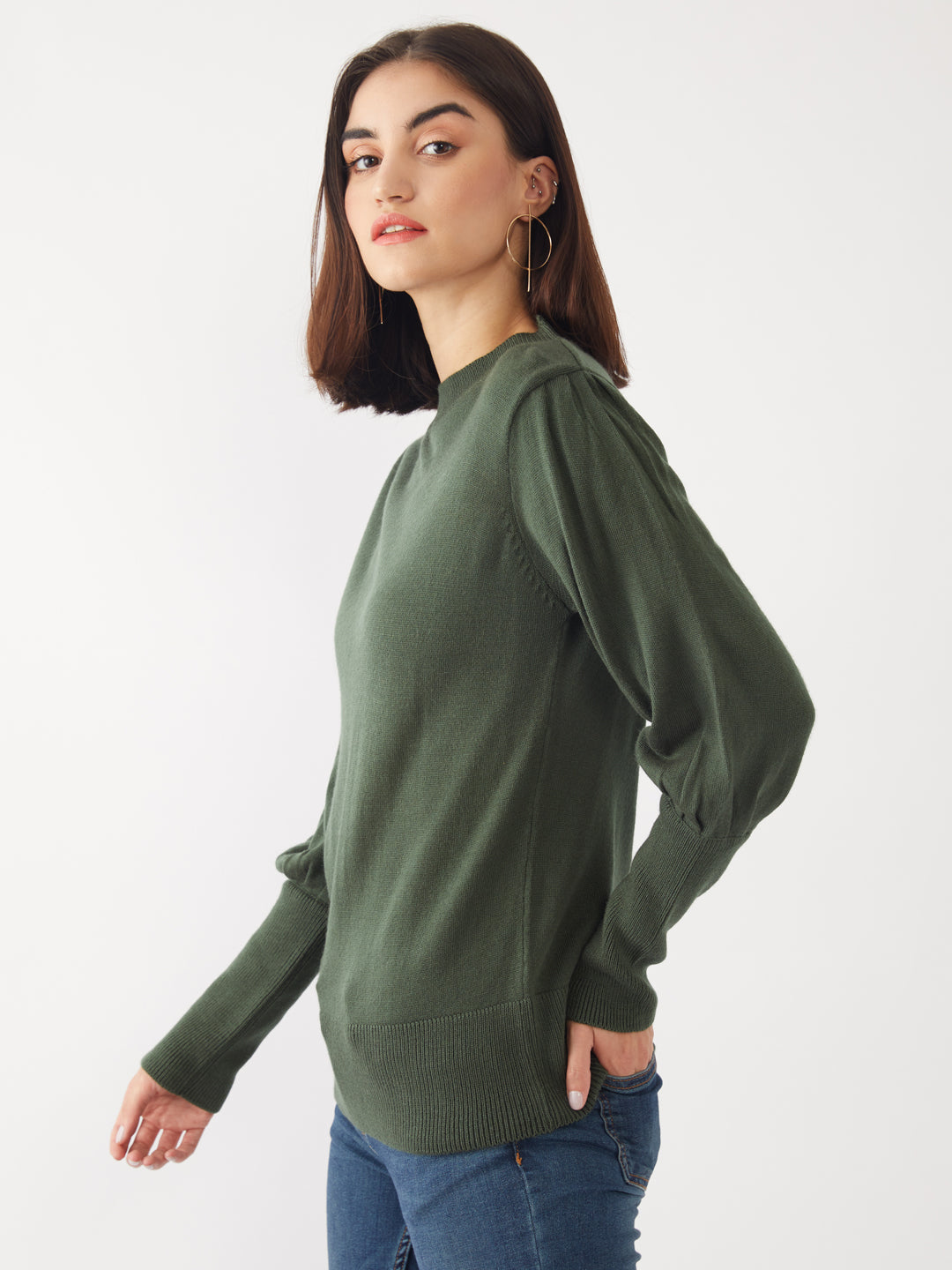 Green Solid Sweater For Women