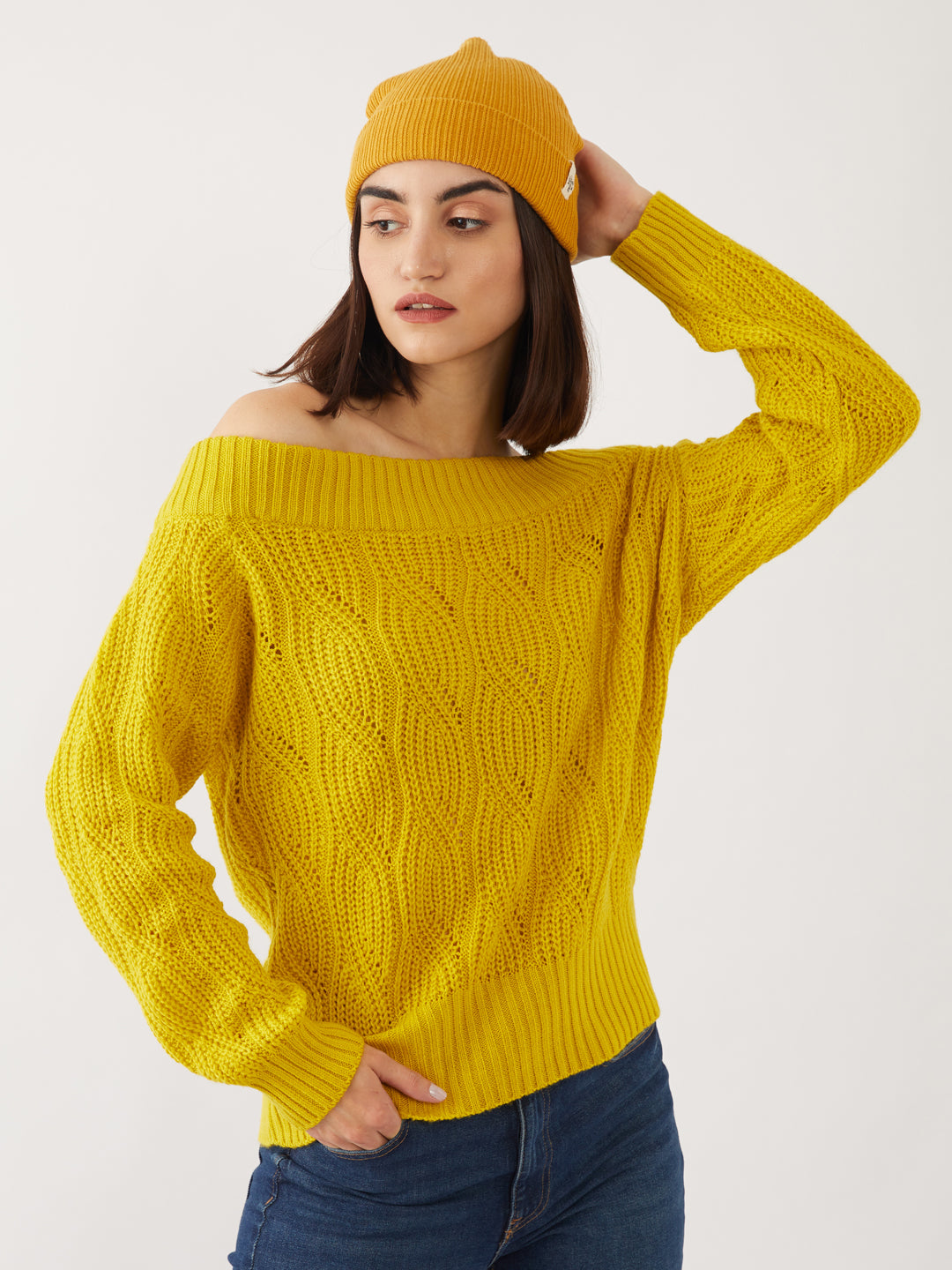 Yellow Solid Off-shoulder Sweater