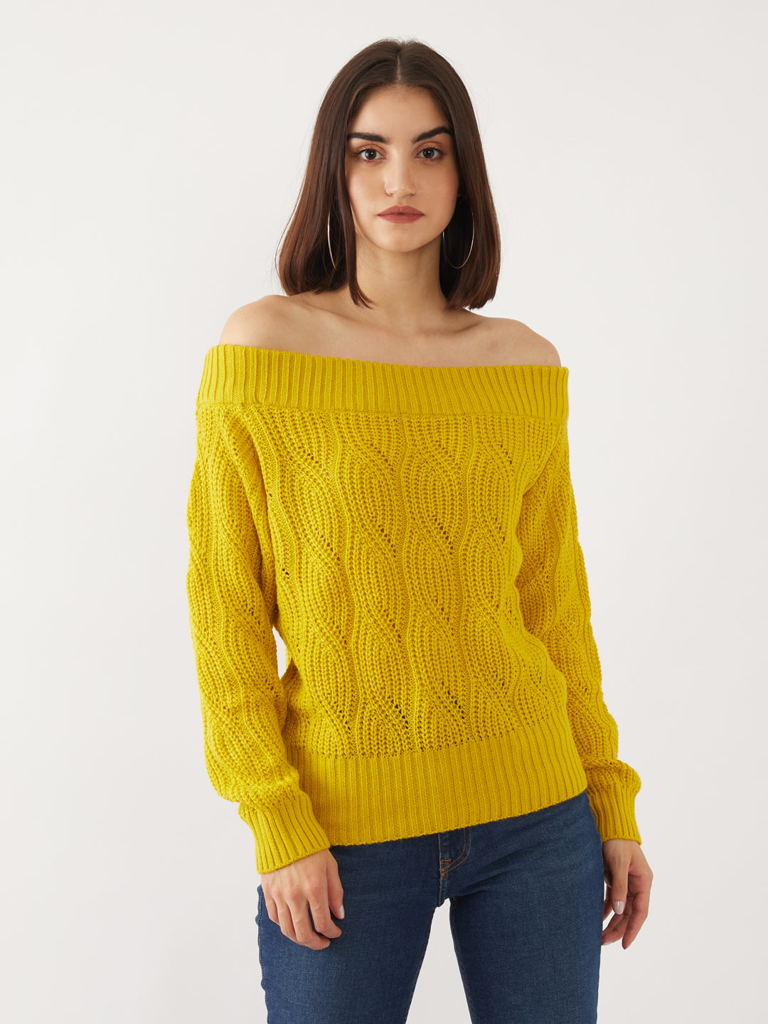 Yellow Solid Off-shoulder Sweater