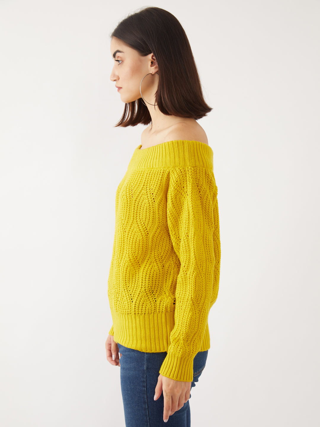 Yellow Solid Off-shoulder Sweater