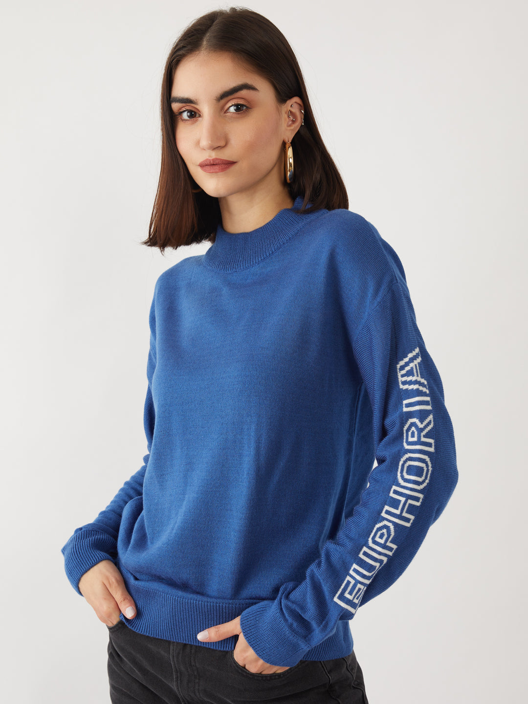 Blue Printed Sweater For Women