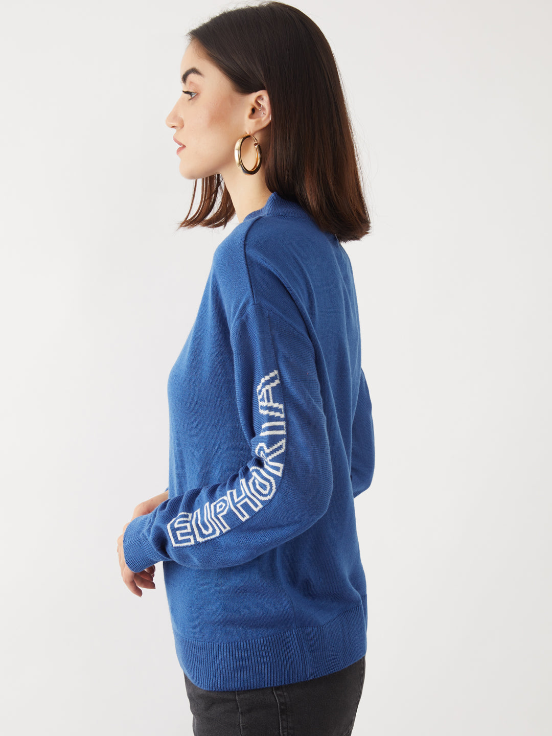 Blue Printed Sweater For Women