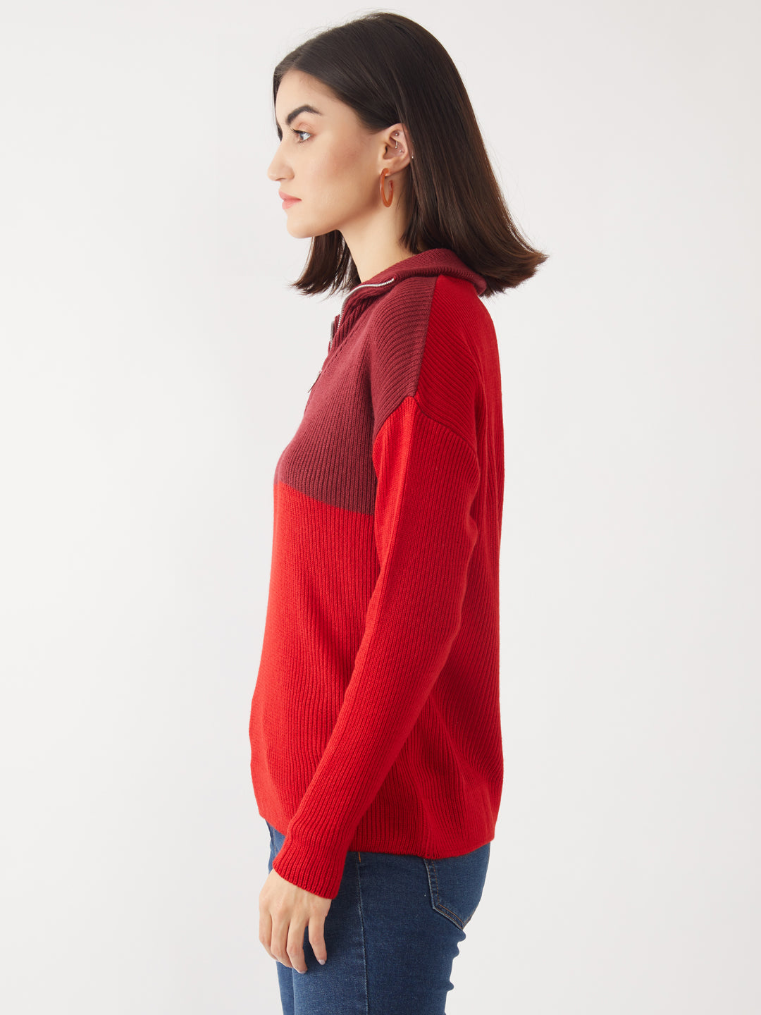 Maroon Colourblocked Sweater For Women