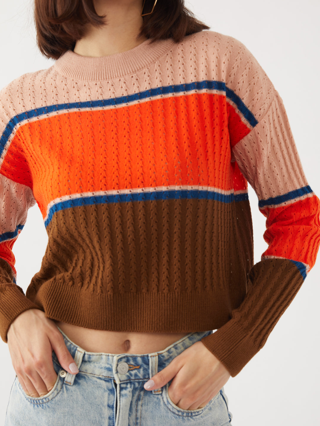 Multicolored Colourblocked Crop Sweater For Women