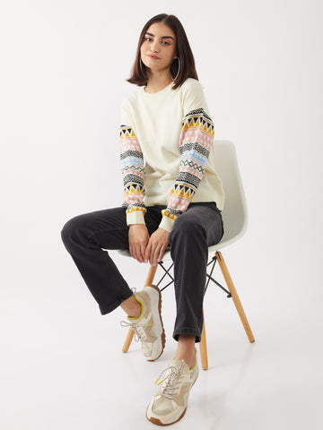 Off White Geometric Print Sweater For Women