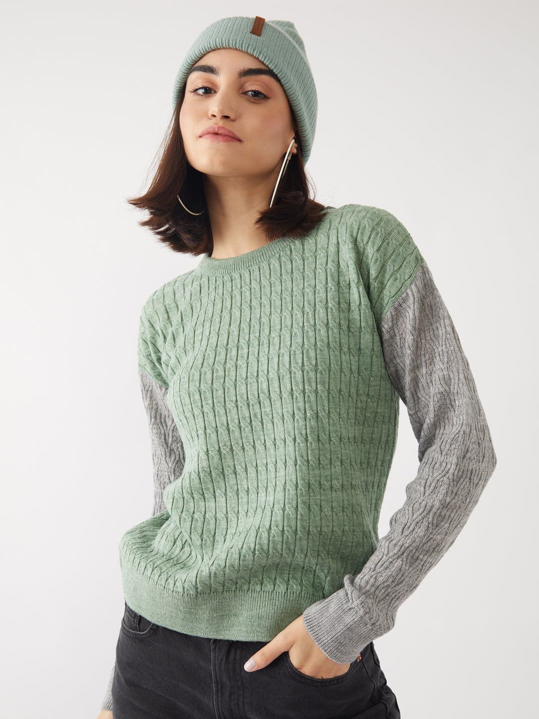 Green Colourblocked Sweater