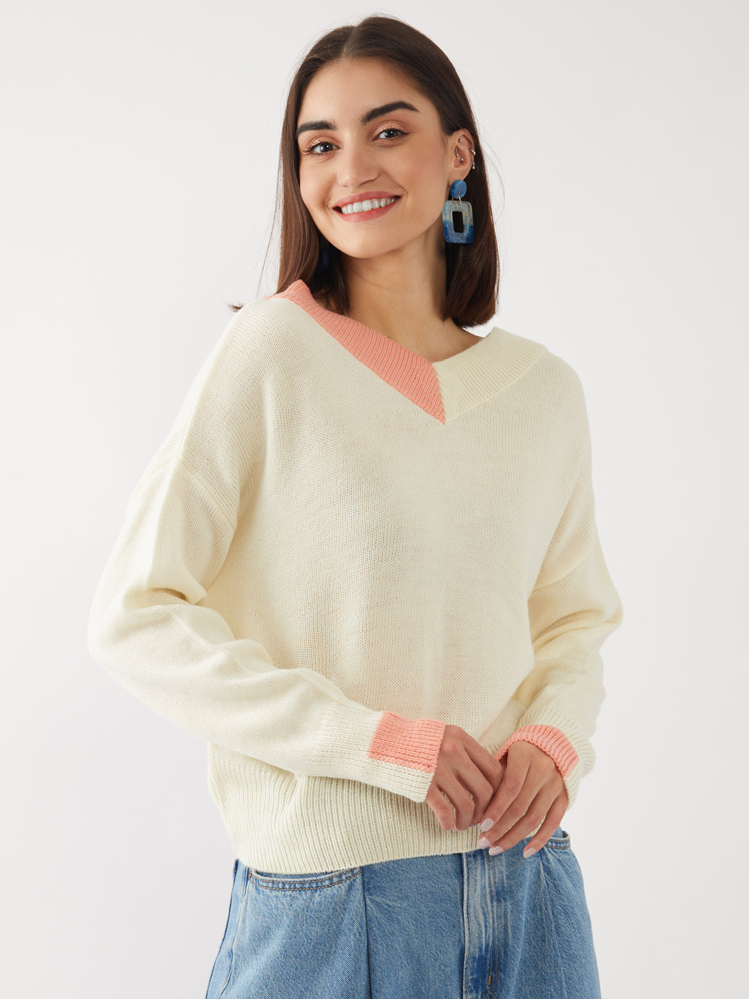 Off White Solid Crop Sweater For Women