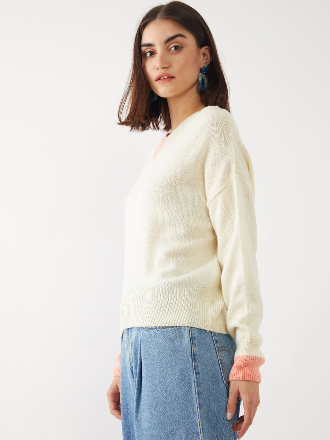 Off White Solid Crop Sweater