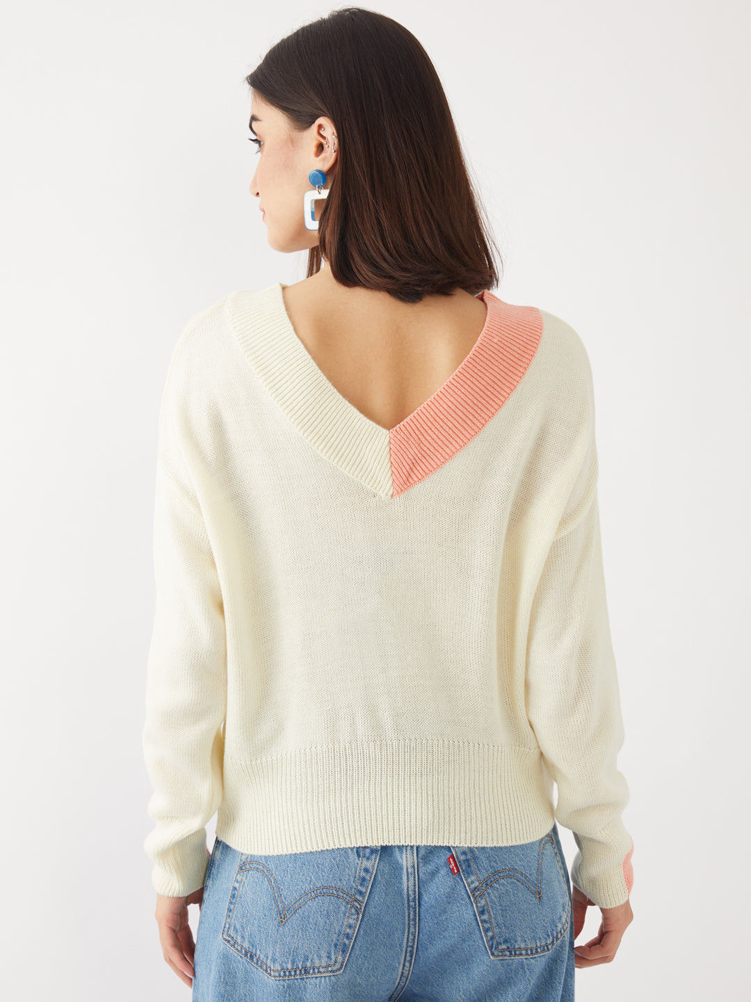 Off White Solid Crop Sweater