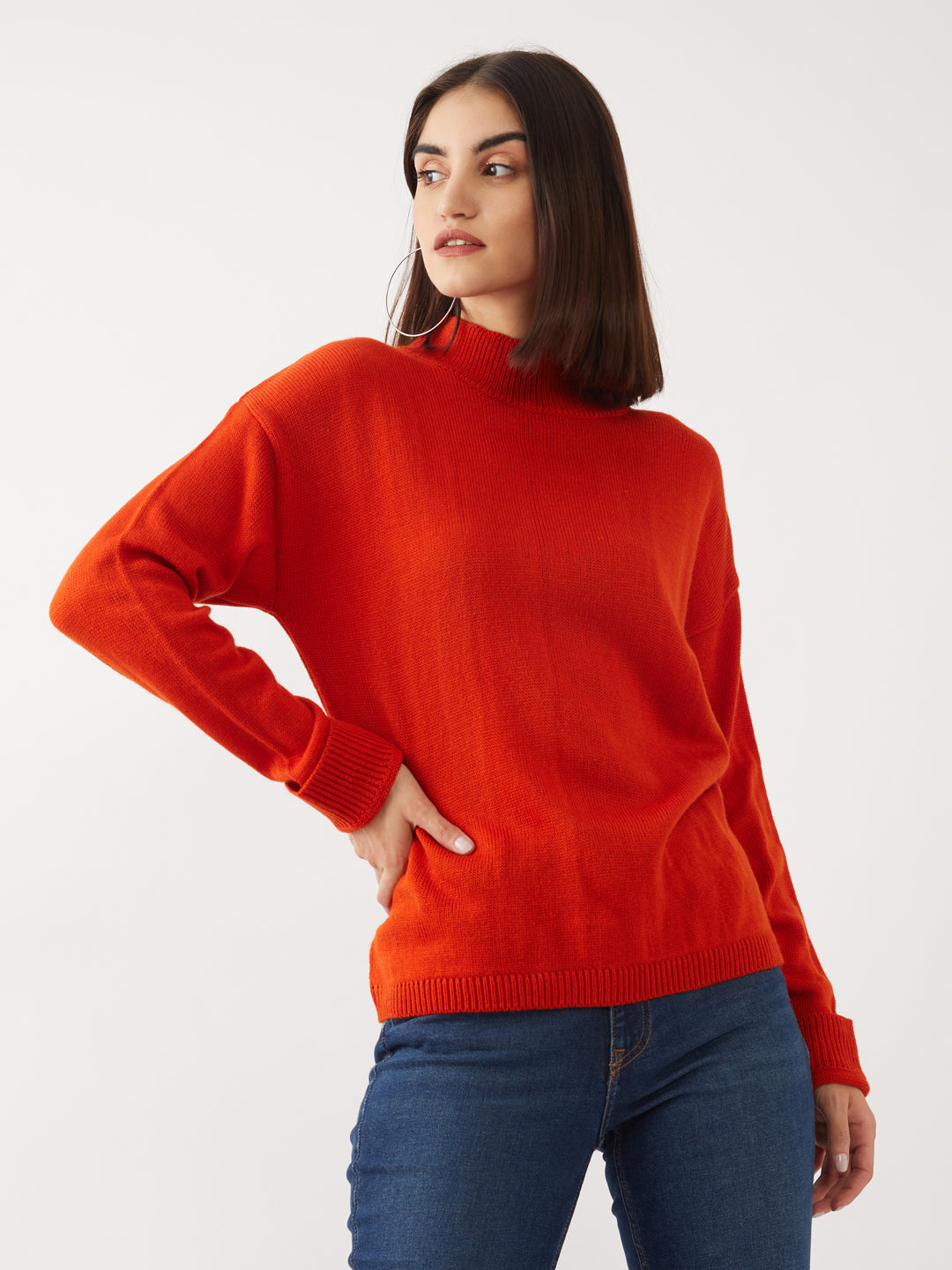 Orange Solid Sweater For Women