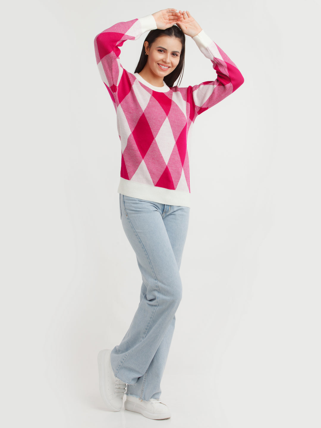 Pink Checked Sweater For Women
