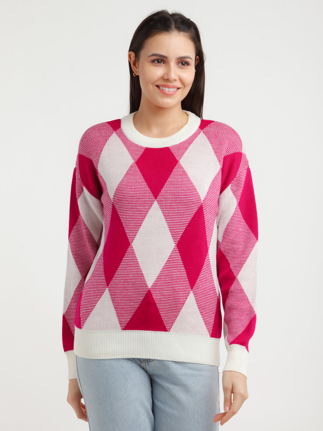 Pink Checked Sweater For Women