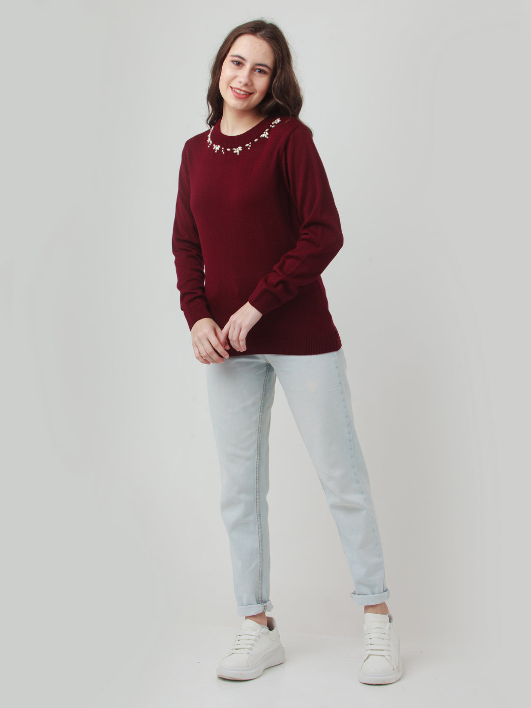 Maroon Embroidered Straight Sweater