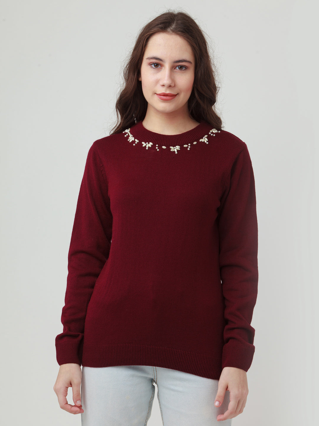 Maroon Embroidered Straight Sweater