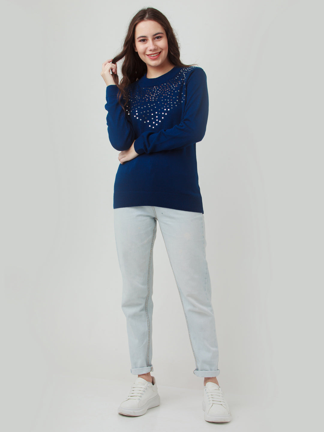 Blue Solid Straight Sweater