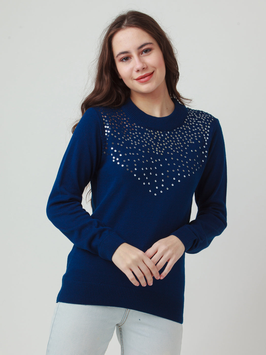 Blue Solid Straight Sweater