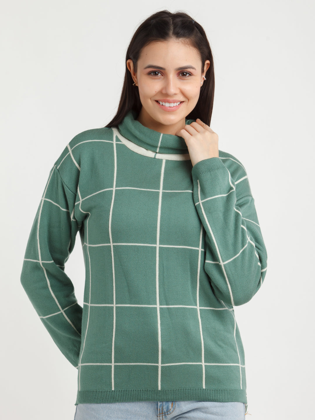 Off White Checked Sweater For Women