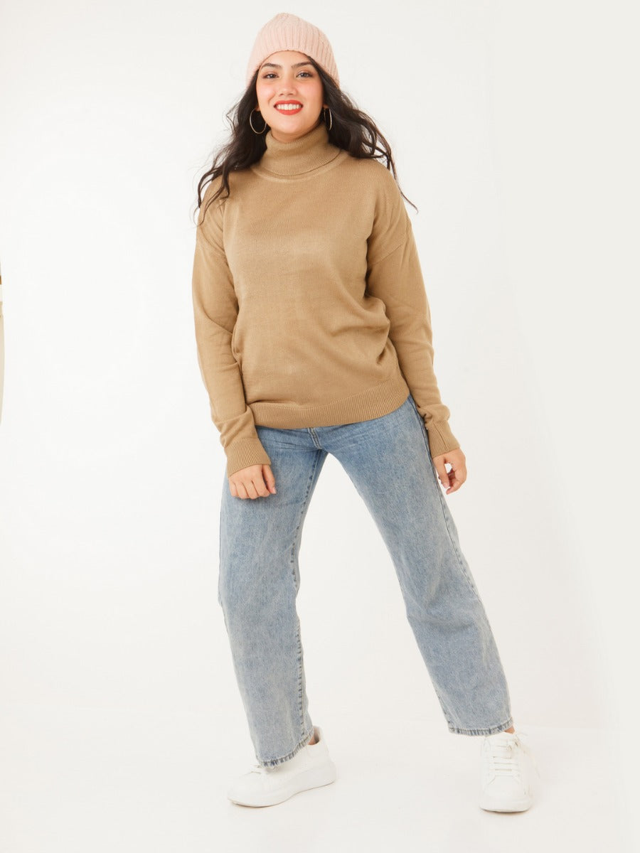 Tan Solid Sweater For Women