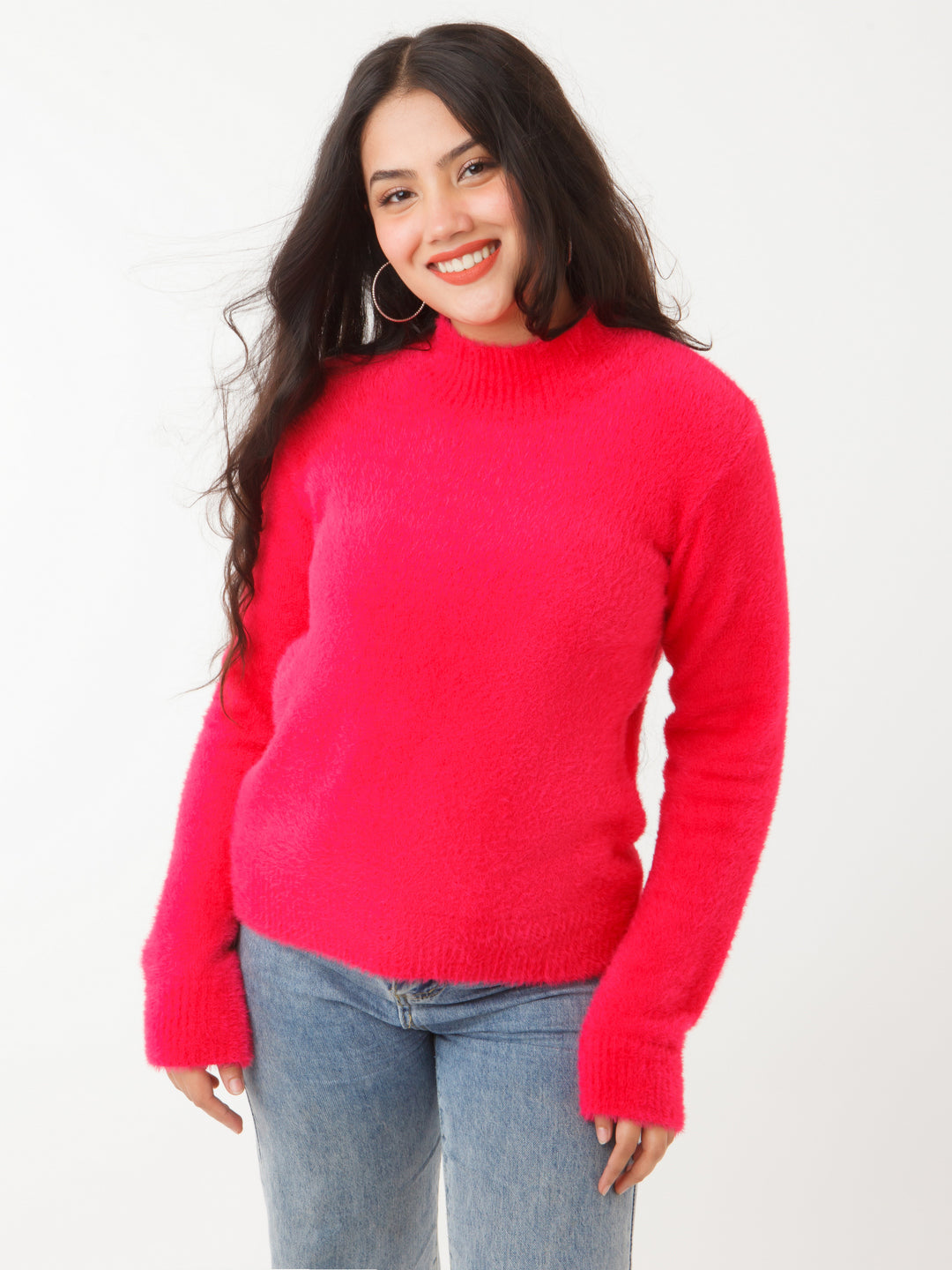 Pink Solid Sweater For Women