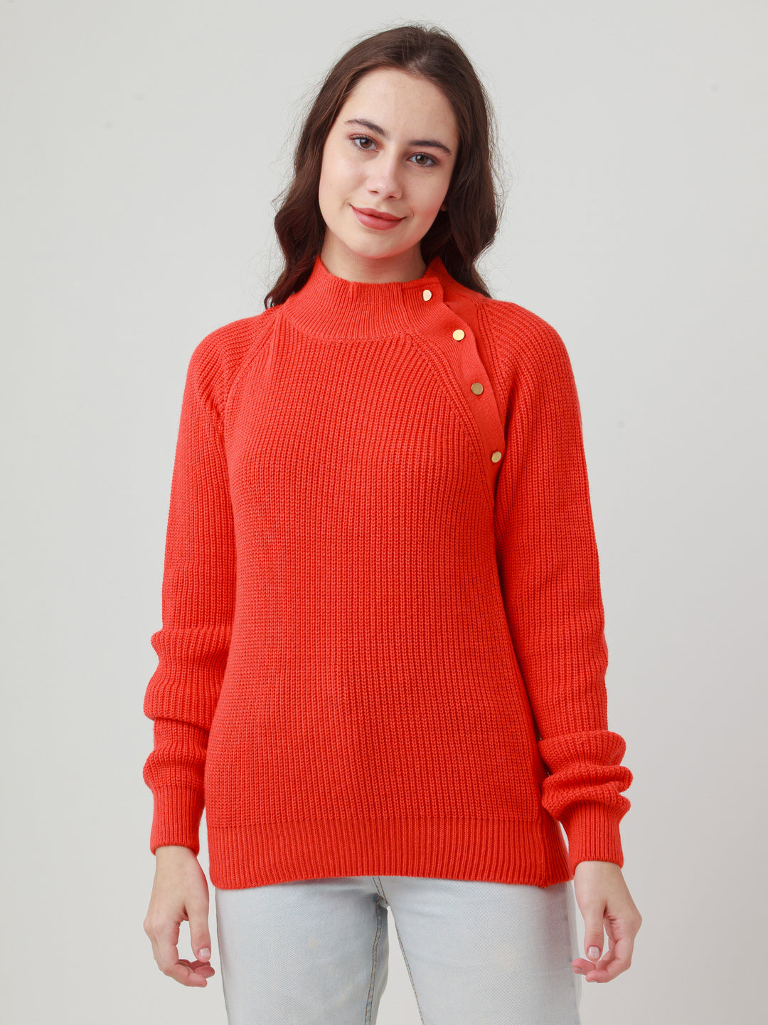 Orange Solid Straight Sweater For Women