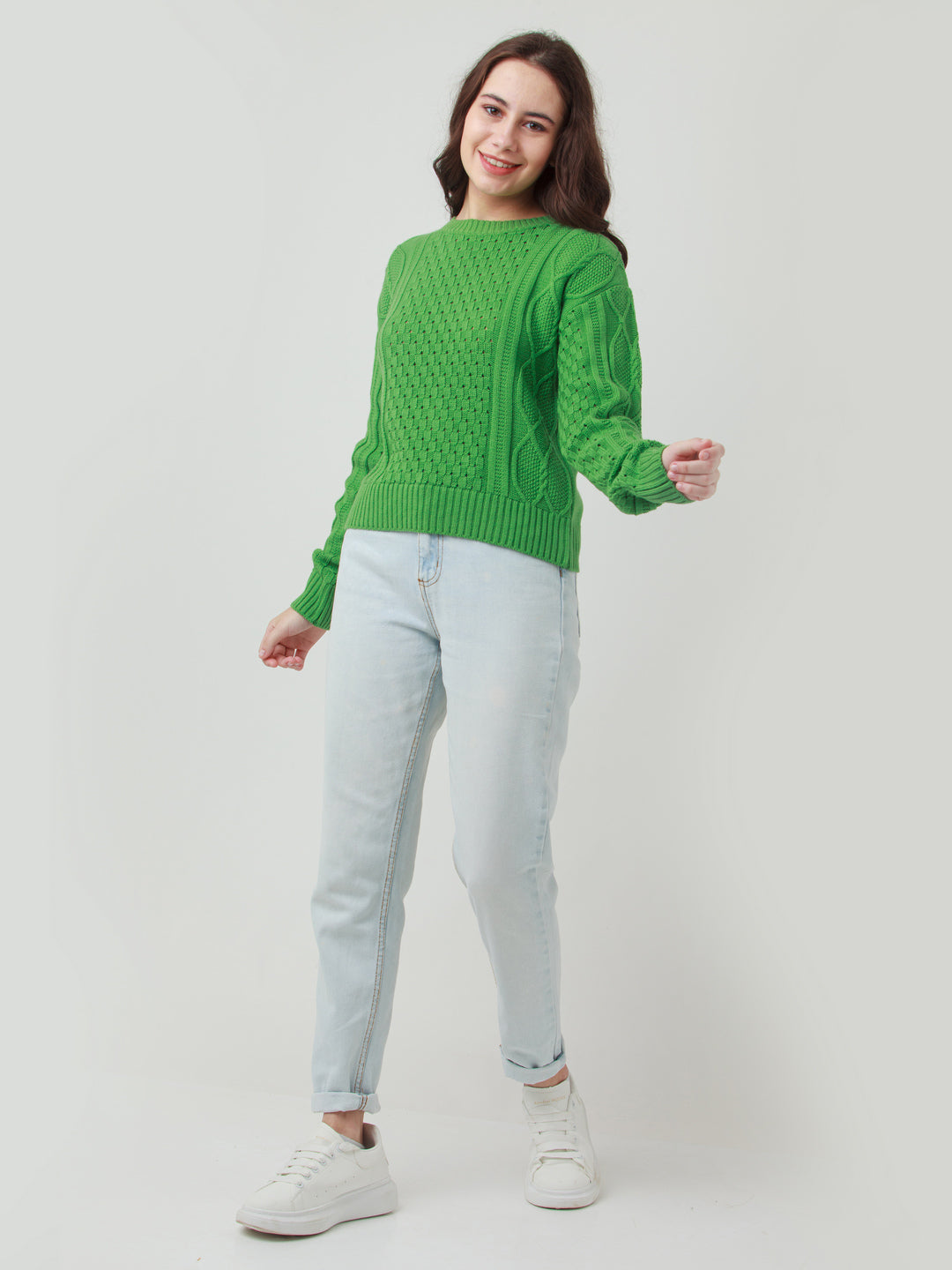 Green Solid Cropped Sweater