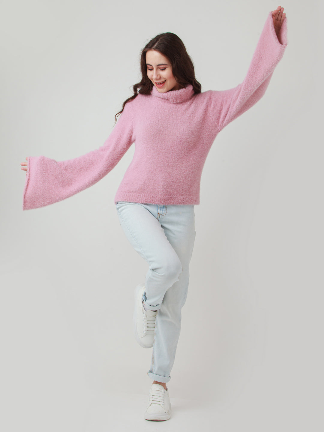 Pink Solid Flared Sleeve Sweater