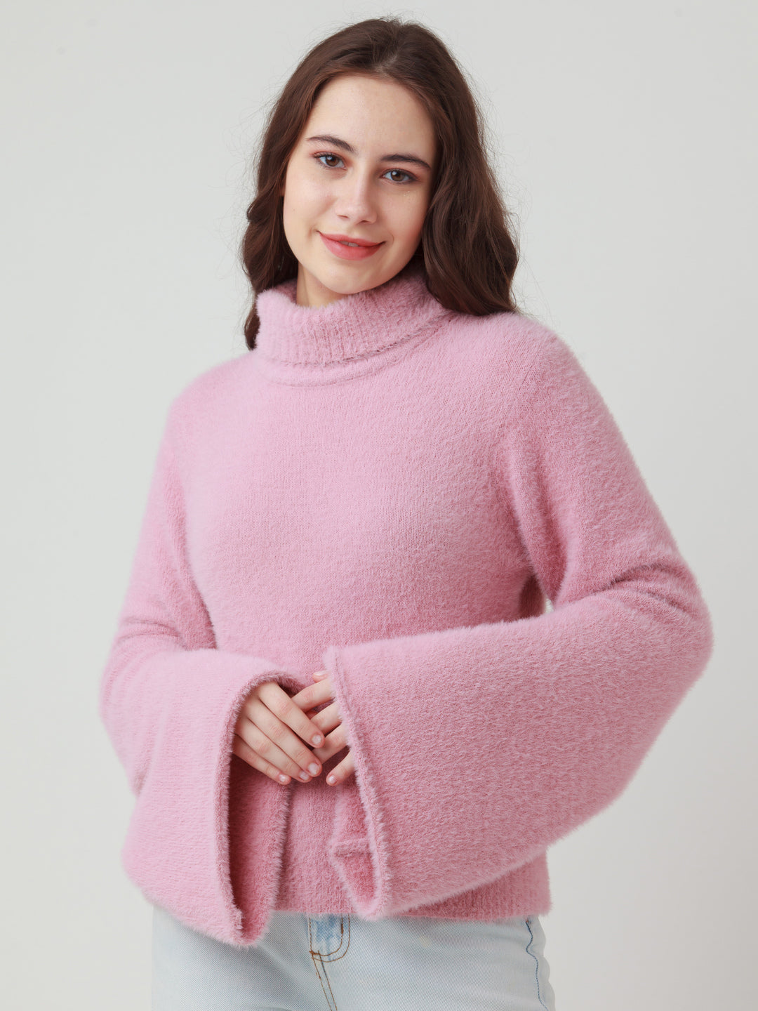Pink Solid Flared Sleeve Sweater For Women
