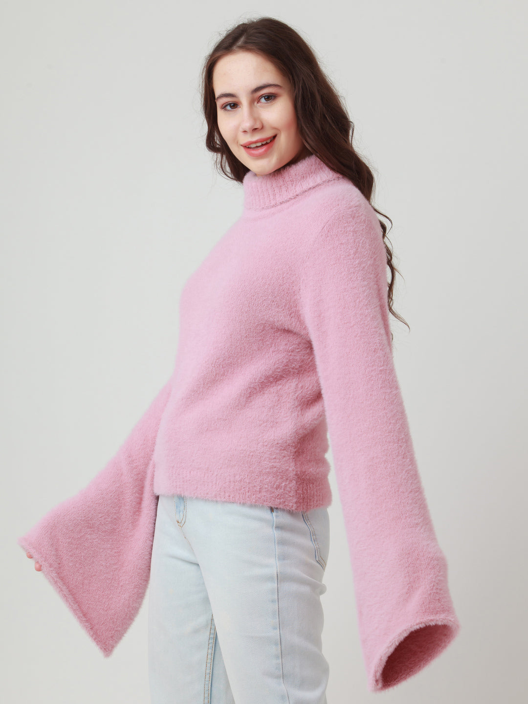 Pink Solid Flared Sleeve Sweater