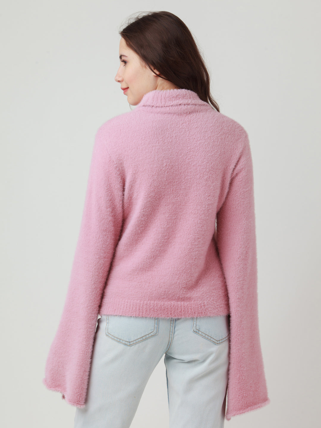 Pink Solid Flared Sleeve Sweater For Women
