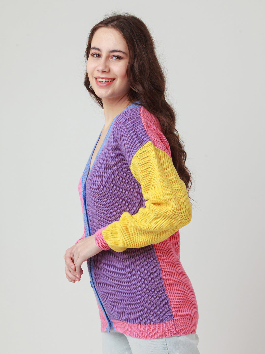 Multicolor Solid Buttoned Sweater For Women
