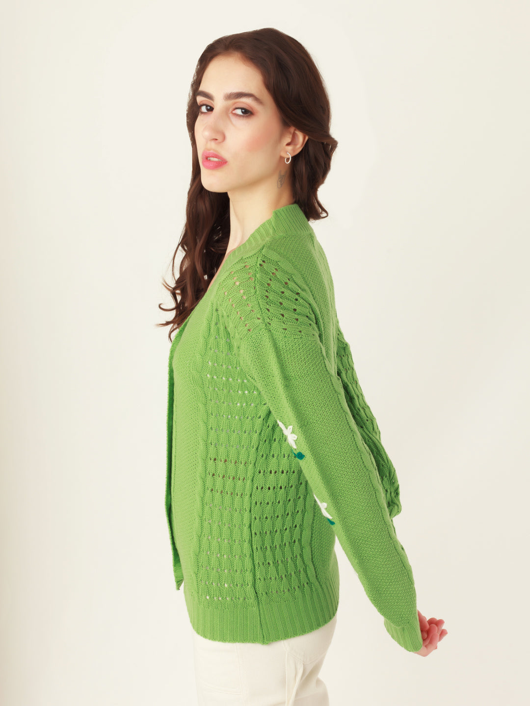 Green Embroidered Buttoned Sweater For Women