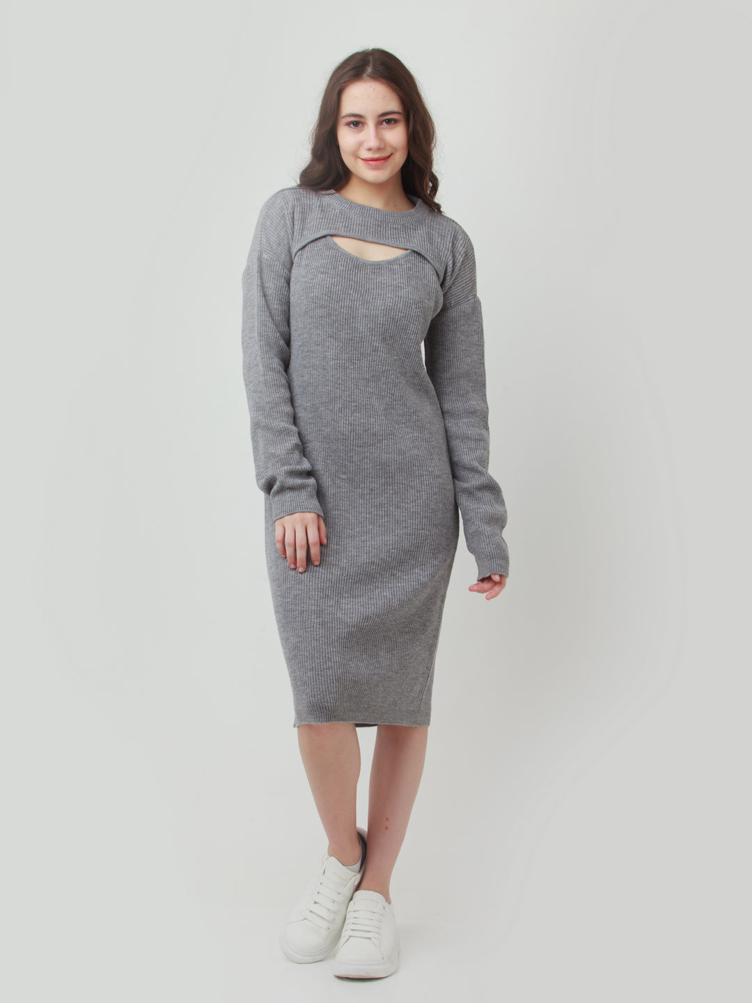 Grey Solid Cut Out Sweater Dress for Women