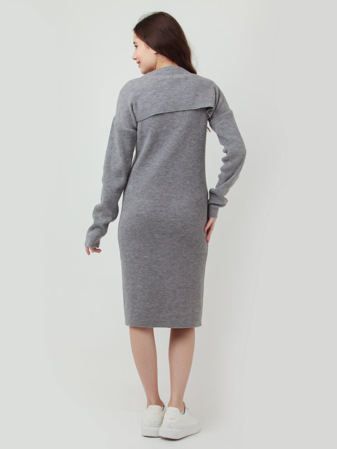 Grey Solid Cut Out Sweater Dress for Women