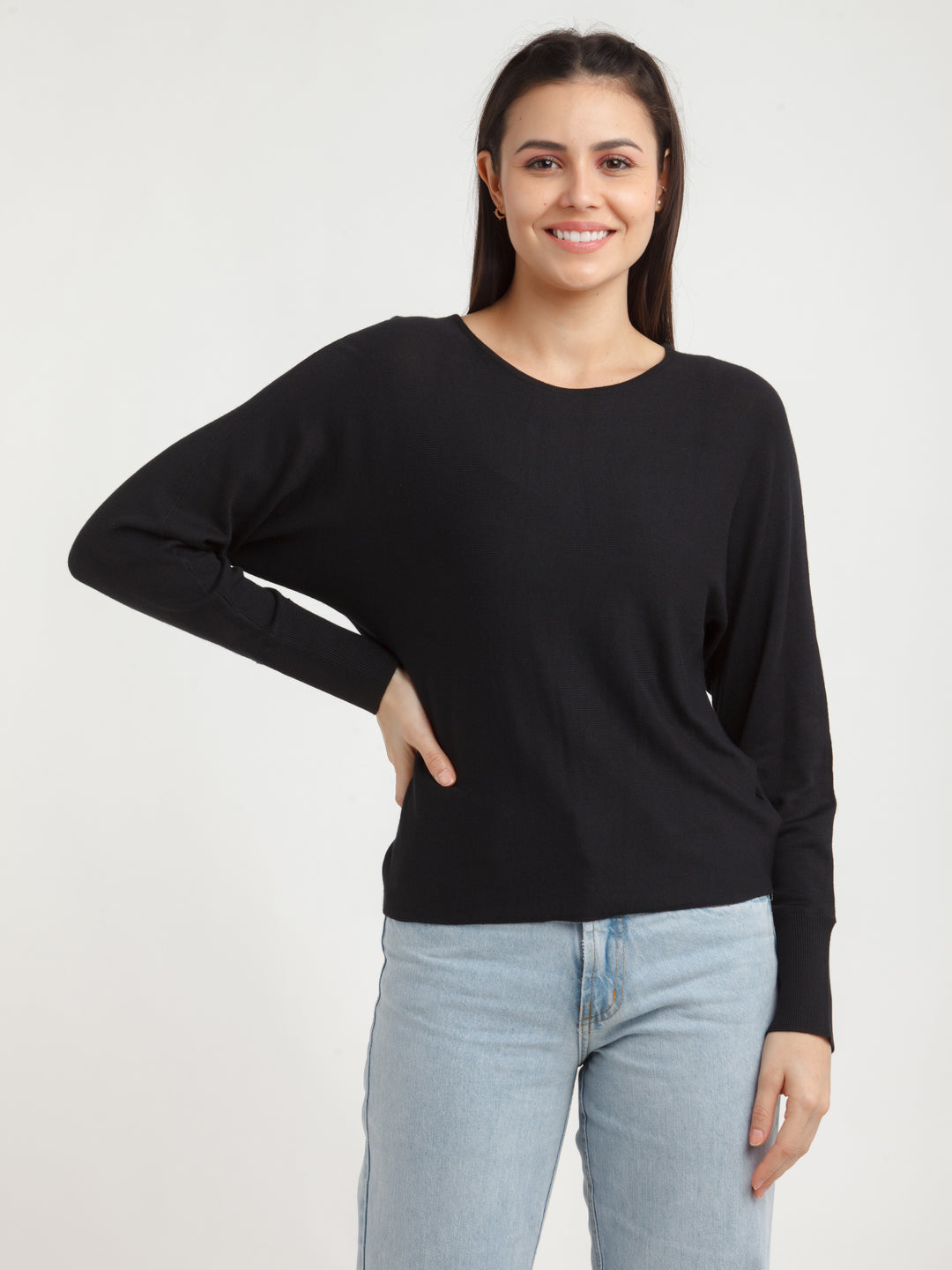 Black Solid Sweater For Women