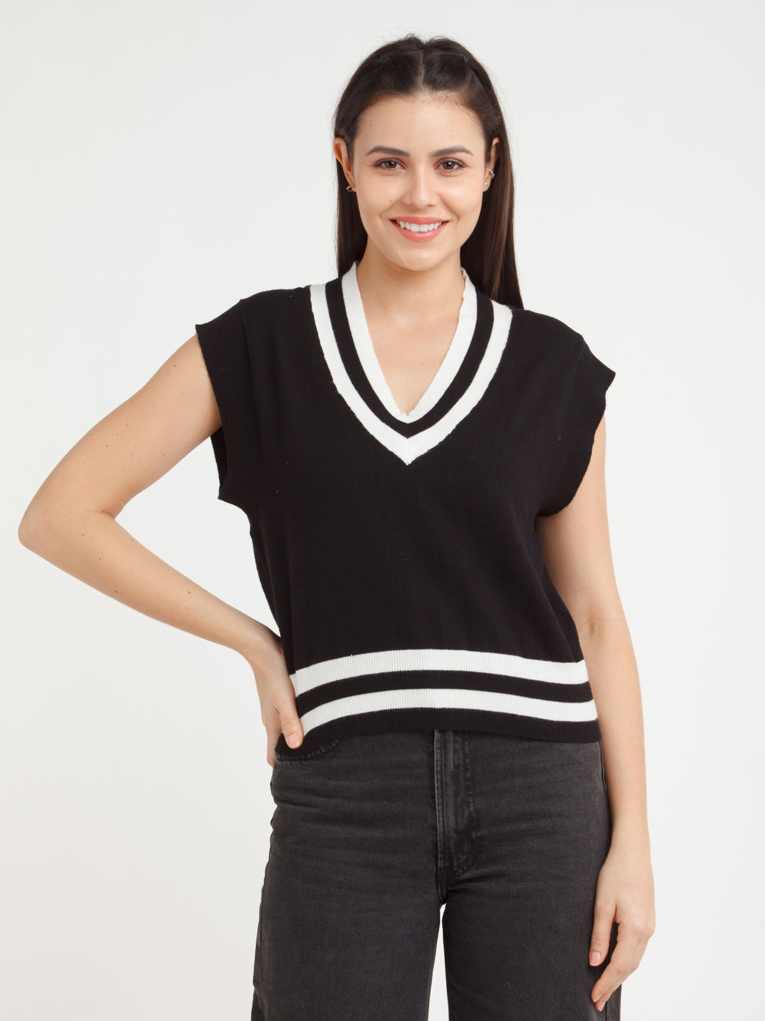 Black Solid Sweater For Women