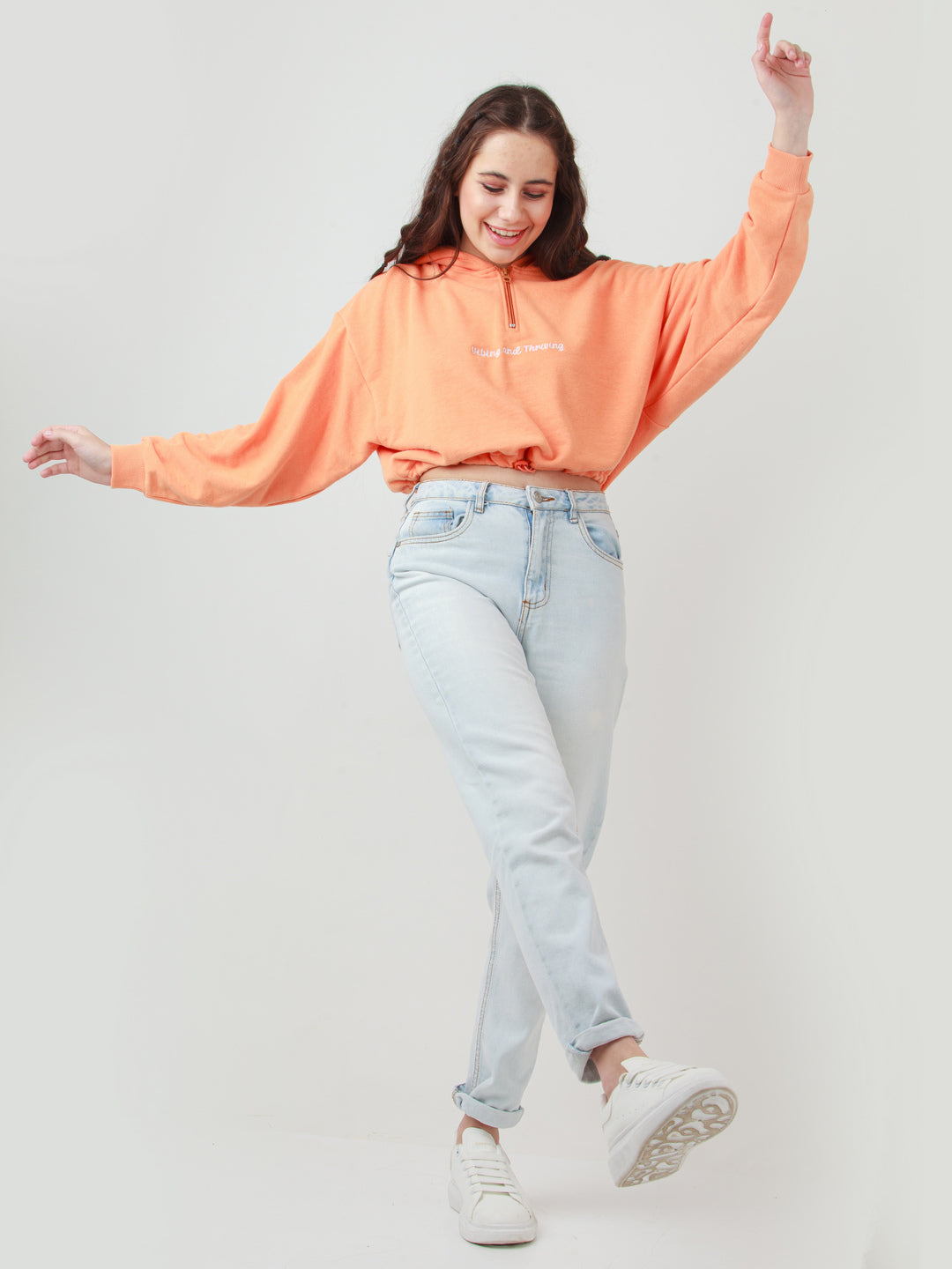 Orange Solid Cropped Sweatshirt