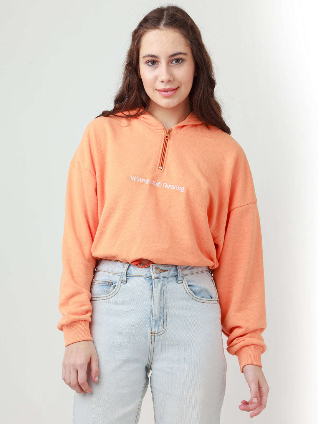 Orange Solid Cropped Sweatshirt