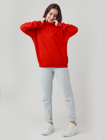 Red Solid Straight Sweatshirt For Women