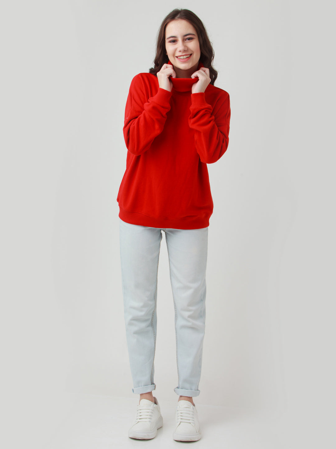 Red Solid Straight Sweatshirt For Women