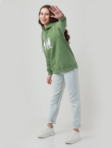 Green Solid Hoodie Sweatshirt For Women